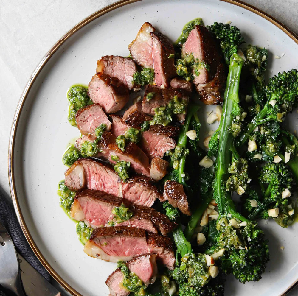 Sliced Scotch Lamb Steak with grilled broccoli and fresh salsa verde 