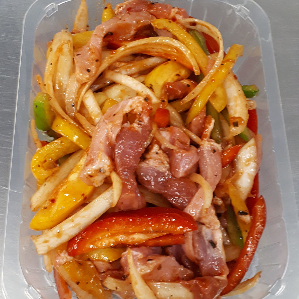 Buy Pork Strips Caribbean Marinade with Peppers and Onions Online from Aberdeenshire Larder