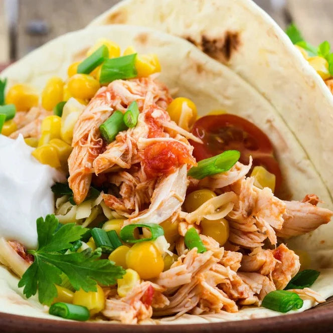 Aberdeenshire Larder recipe for Shredded Chicken Taco with sour cream, herbs, sweetcorn and tomato salsa